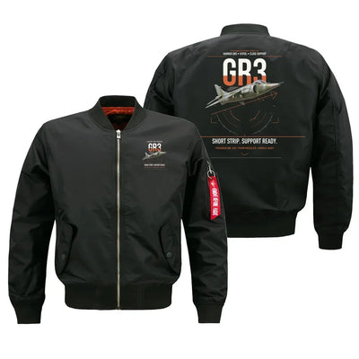 Hawker Siddeley Harrier GR3 design on black bomber jacket, double-side print