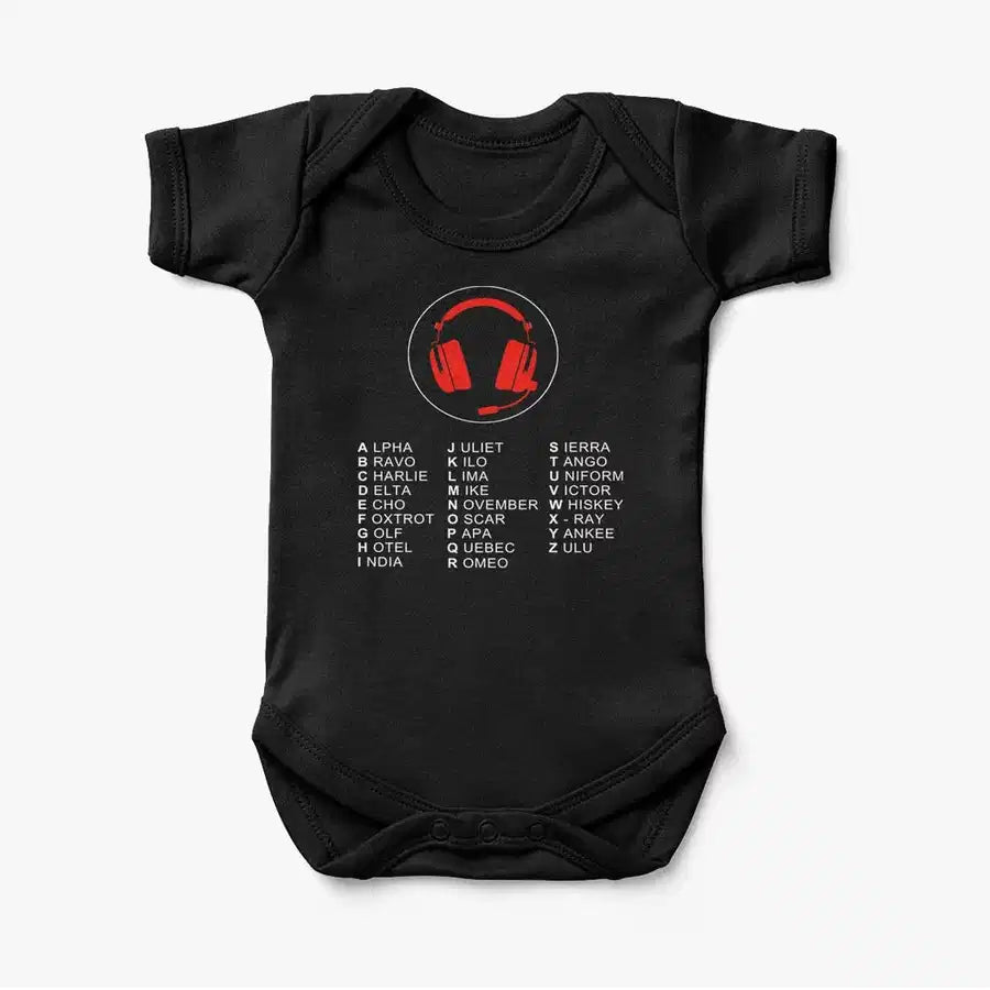 Aviation Alphabet 3 aviation print on kids gentle cotton bodysuit.