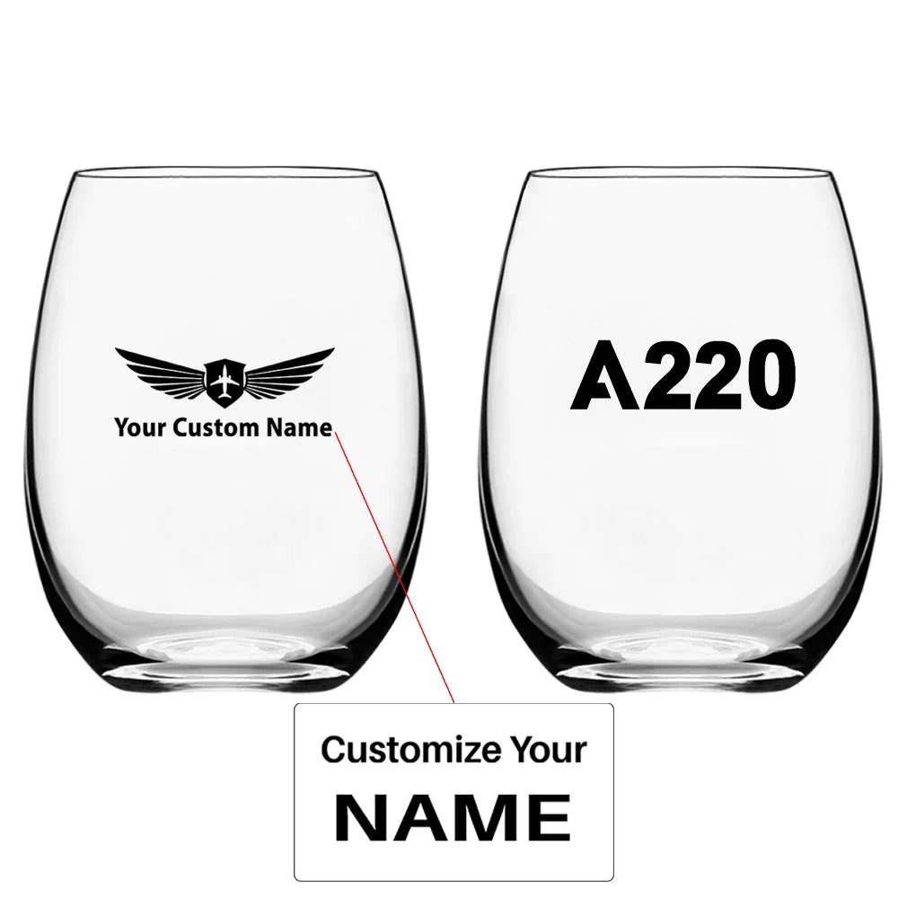 Airbus A220 Flat Text Water & Drink aviation design on water glass, crystal-clear premium glassware.