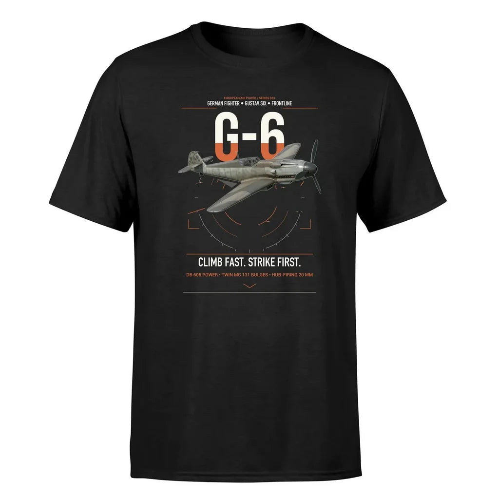Messerschmitt Bf 109G-6 design on black t-shirt, single-side print