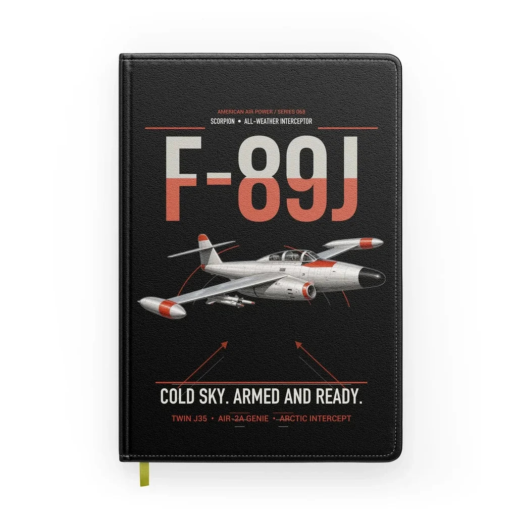 F-89J Scorpion design on black notebook