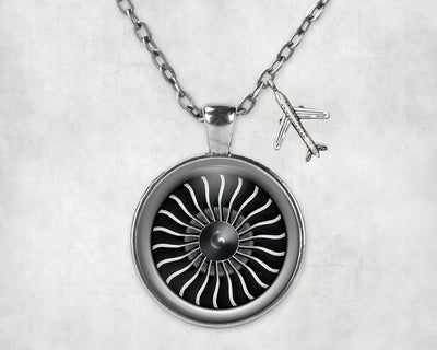 Graphical Jet Engine aviation-themed necklace, polished stainless steel.