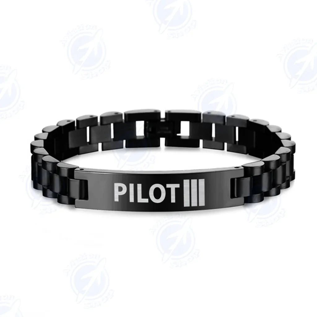 Pilot & Stripes (3 Lines) aviation-themed chain bracelet, polished stainless steel.