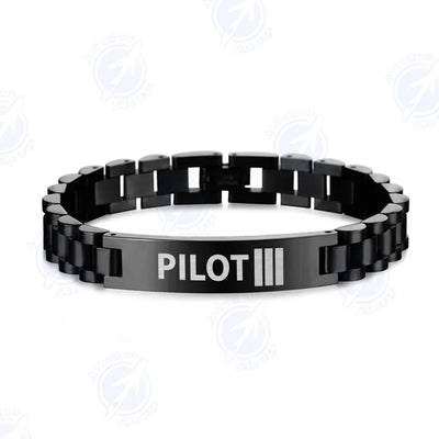 Pilot & Stripes (3 Lines) aviation-themed chain bracelet, polished stainless steel.