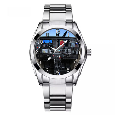 Side view of Cessna 172 Cockpit aviation watch with stainless steel band in stainless steel, polished finish.