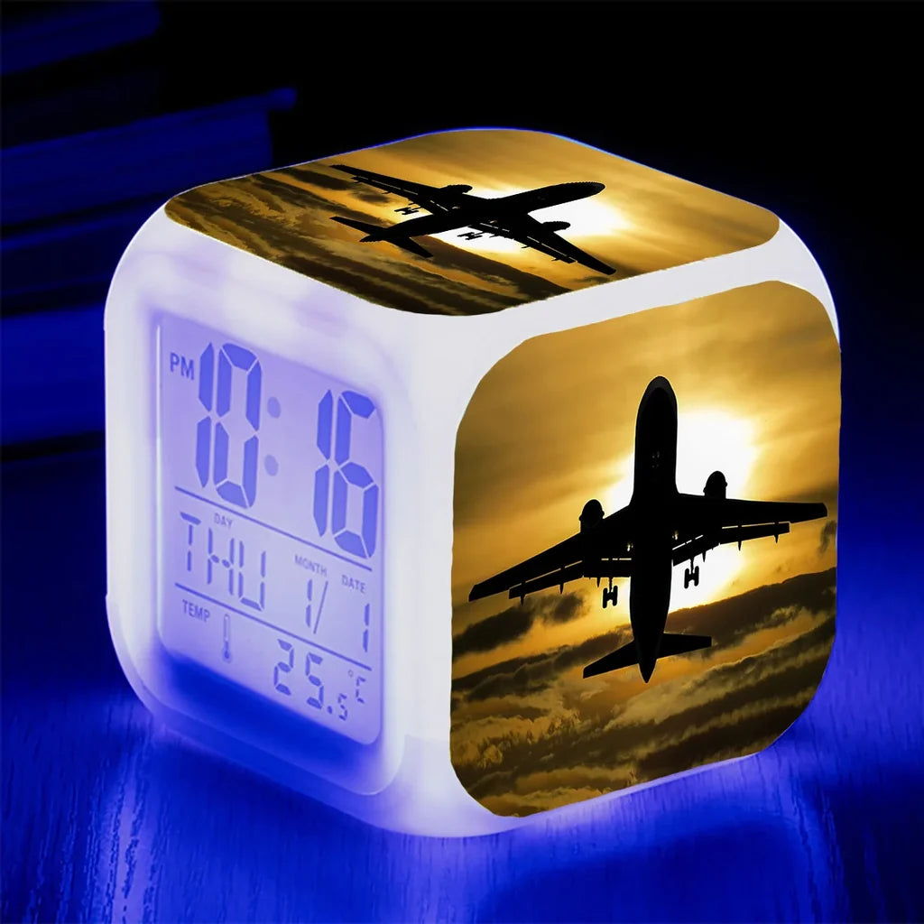 Departing Passanger Jet During Sunset "7 Colour" Digital Alarm aviation design on premium wood and metal table clock.