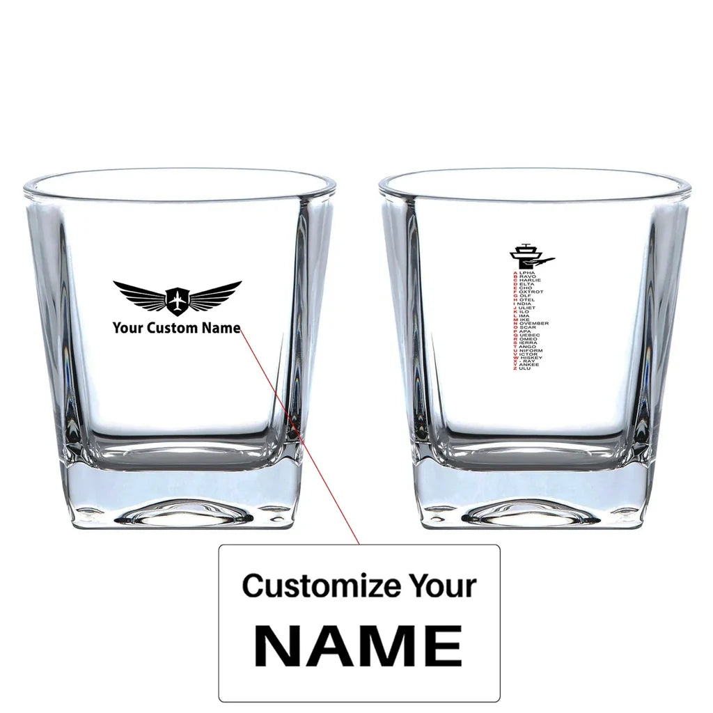 Aviation Alphabet aviation design on whiskey glass, crystal-clear premium glassware.