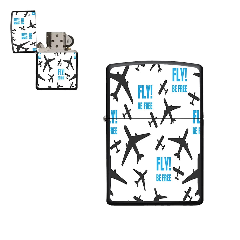 Fly Be Free White aviation metal lighter in premium metal alloy.