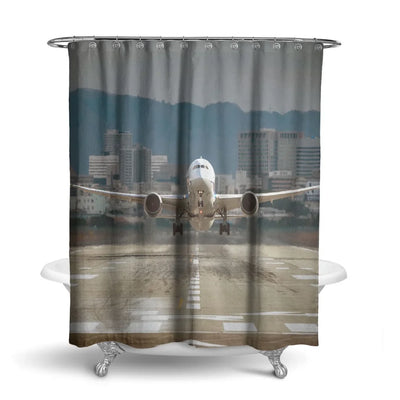 Departing Boeing 787 Dreamliner aviation design on waterproof polyester shower curtain.