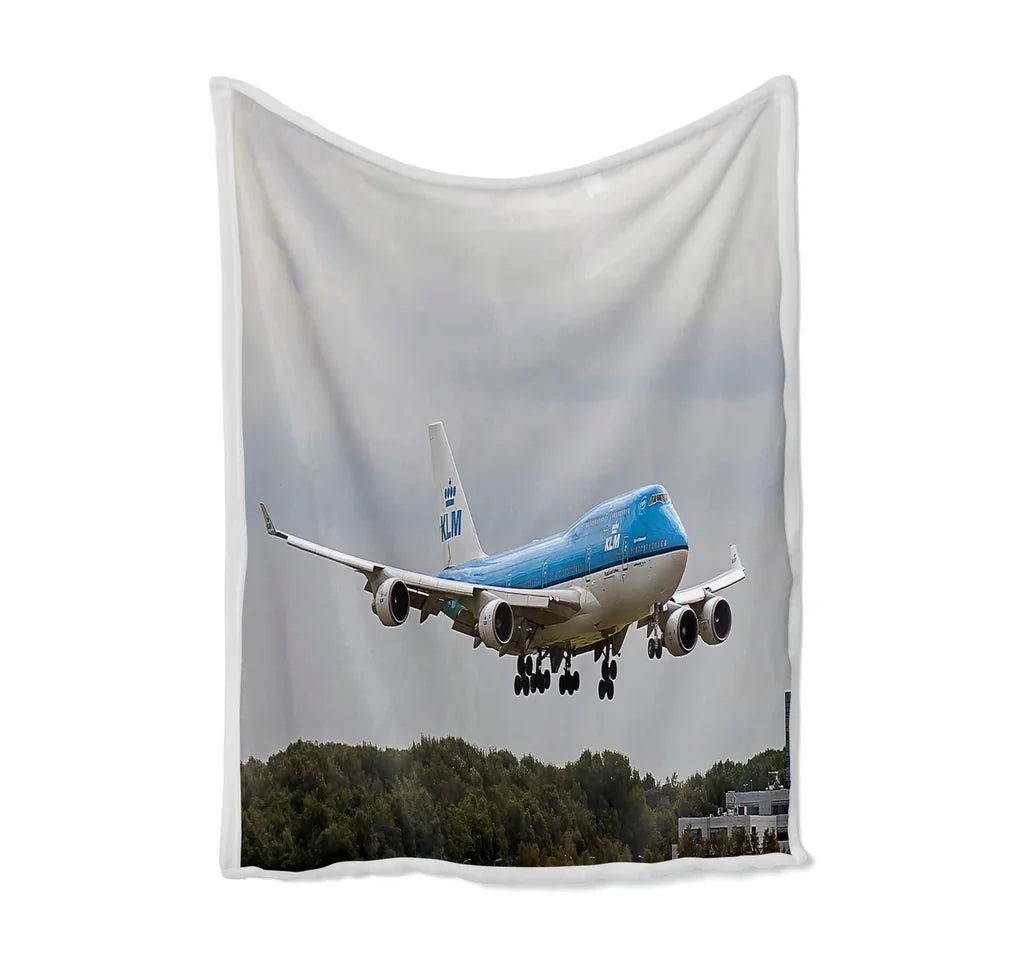 Landing KLM's Boeing 747 Bed Blankets & aviation print on soft fleece blanket.