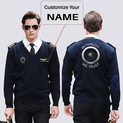 In Thrust We Trust aviation design on premium wool blend wool pilot sweater.