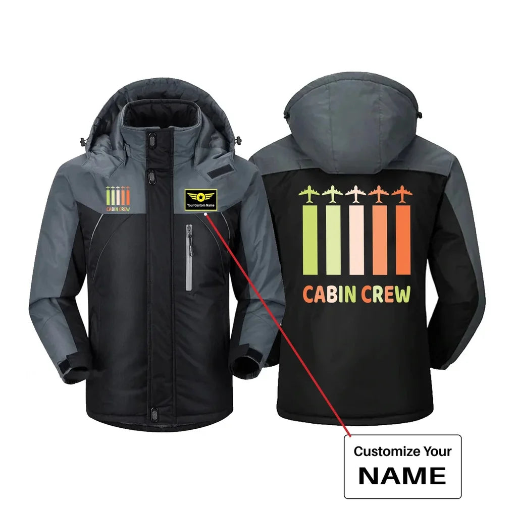 Colourful Cabin Crew aviation design printed on heavyweight insulated shell thick winter jacket.