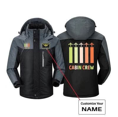 Colourful Cabin Crew aviation design printed on heavyweight insulated shell thick winter jacket.