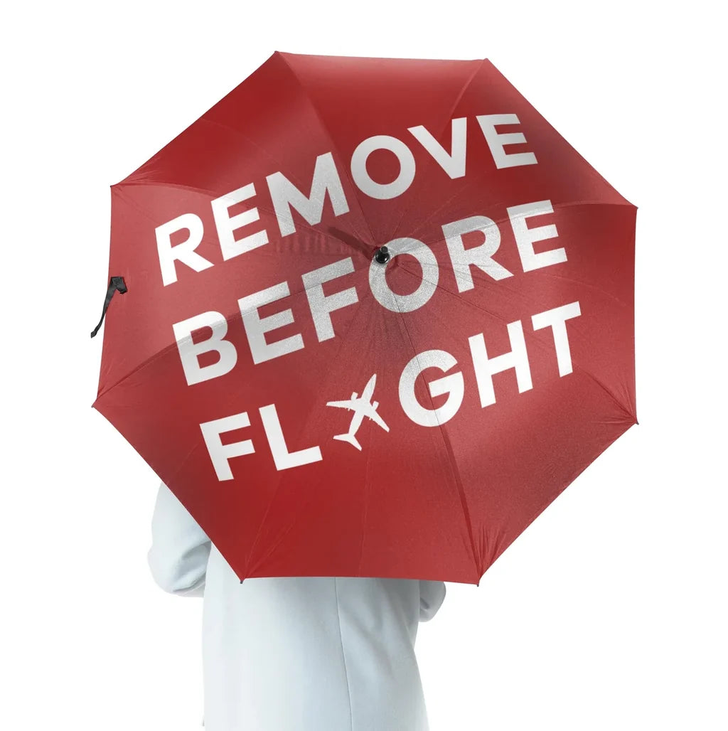 Remove Before Flight aviation design on windproof polyester umbrella.