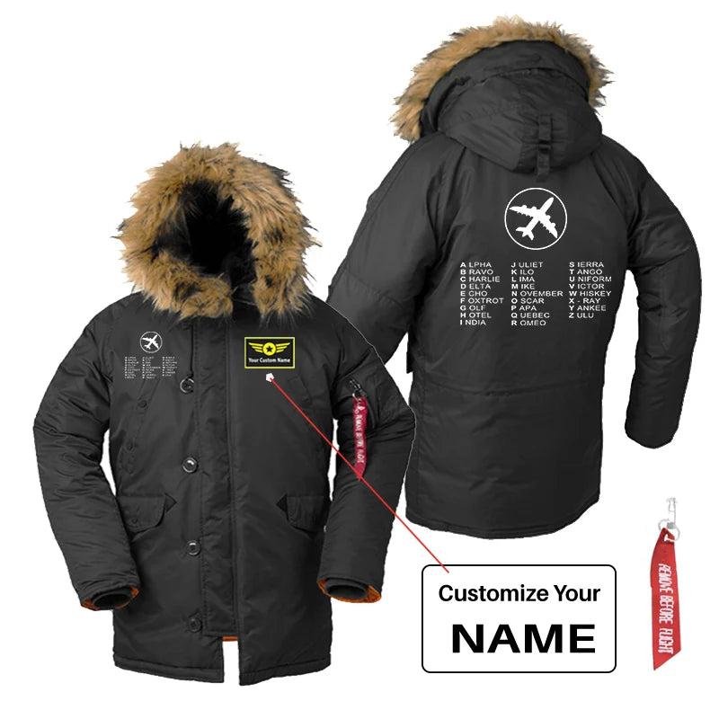 Aviation Alphabet 2 aviation design printed on heavyweight shell with hooded warmth parka bomber.