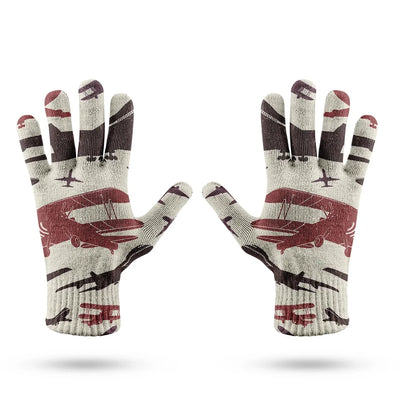 Vintage & Jumbo Airplanes aviation design on soft knit fabric gloves.