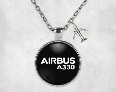 Side view of Airbus A330 & Text aviation necklace in stainless steel, polished finish.