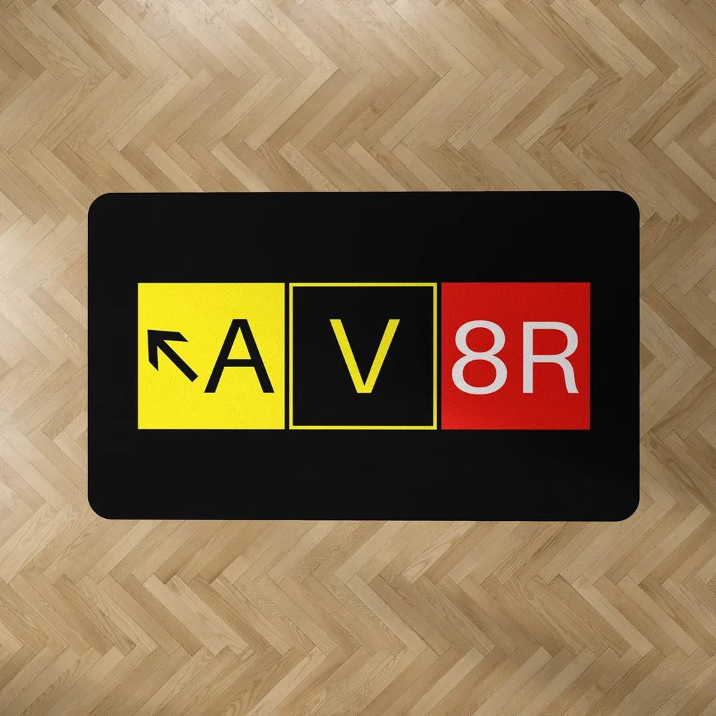 AV8R aviation design on durable carpet pile with non-slip backing rectangle carpet floor mat.