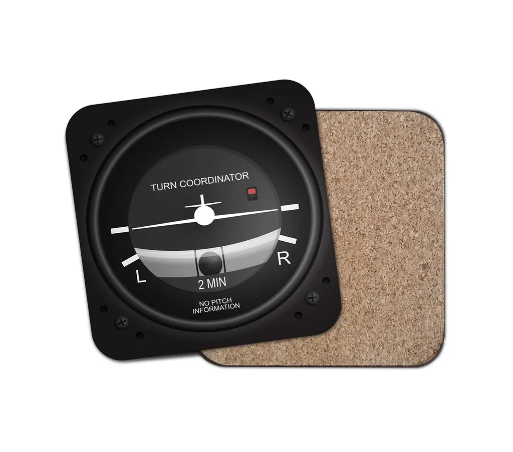 Airplane Instruments-Turn Coordinator aviation design on cork-backed wood with print coaster.