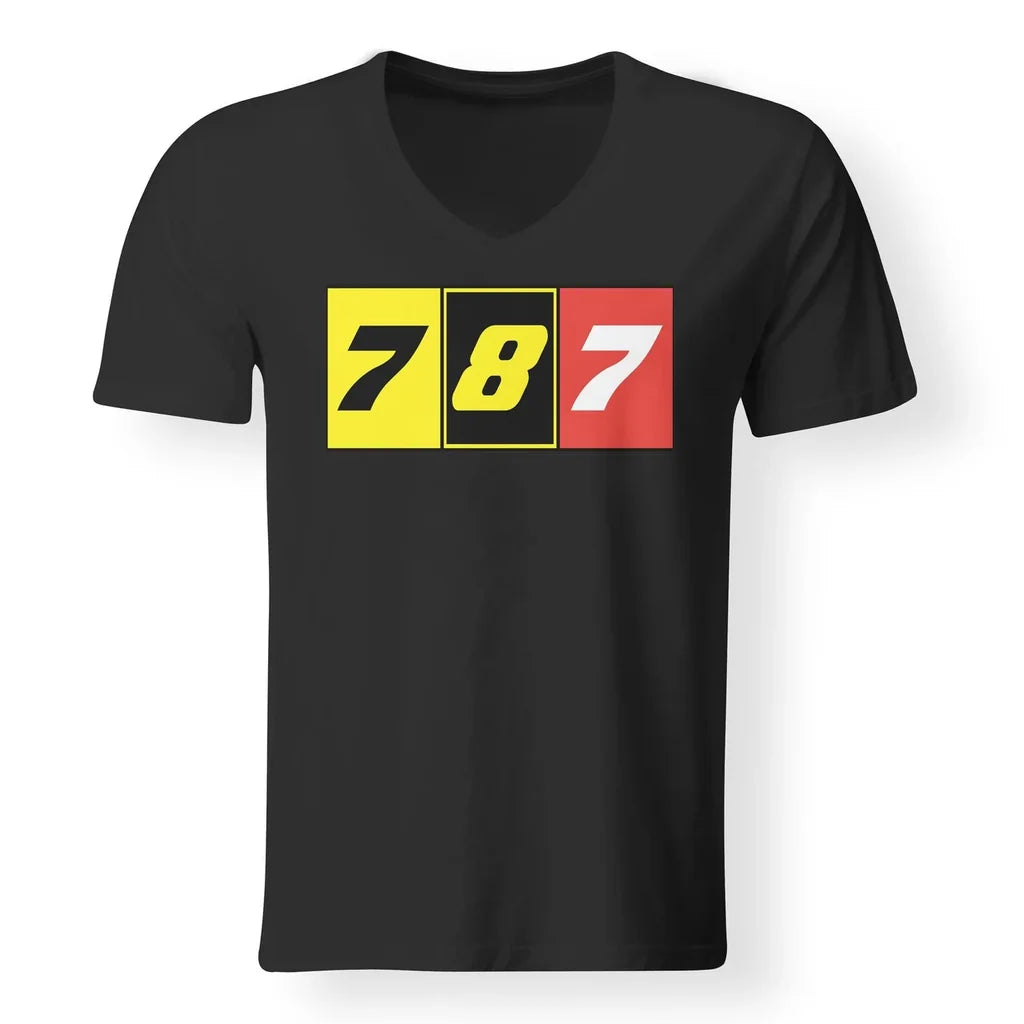 Flat Colourful 787 aviation design printed on soft cotton V-neck T-shirt.