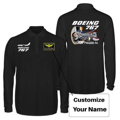 Boeing 767 Engine (PW4000-94) Long Sleeve Polo T-Shirts (Double-Side) aviation design printed on soft cotton long-sleeve doub.