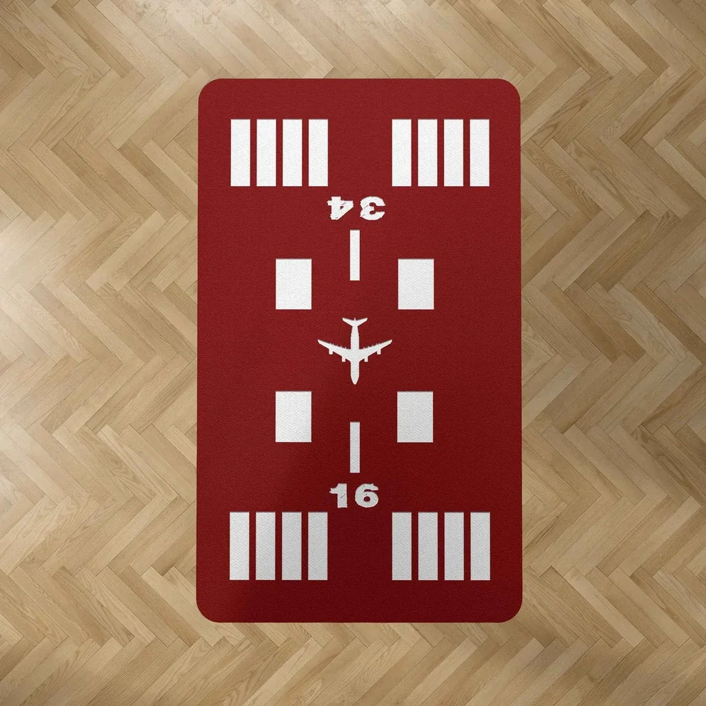 Special Runway (Red) 34-16 aviation print rectangle carpet floor mat, durable carpet pile with non-slip backing.
