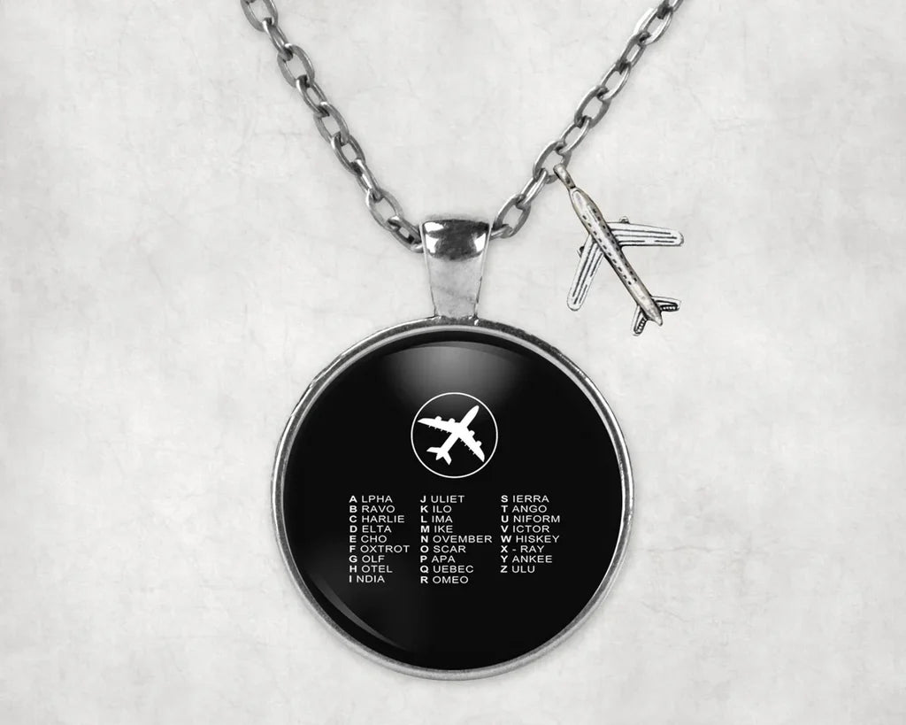 Aviation Alphabet 2 aviation necklace, stainless steel body with engraved detail.
