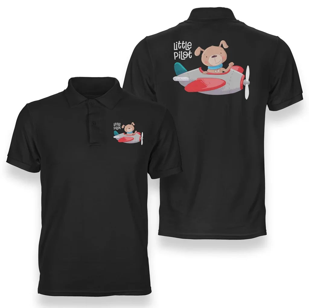 Little Pilot Dreams Take Flight aviation design printed on soft cotton double-side polo.