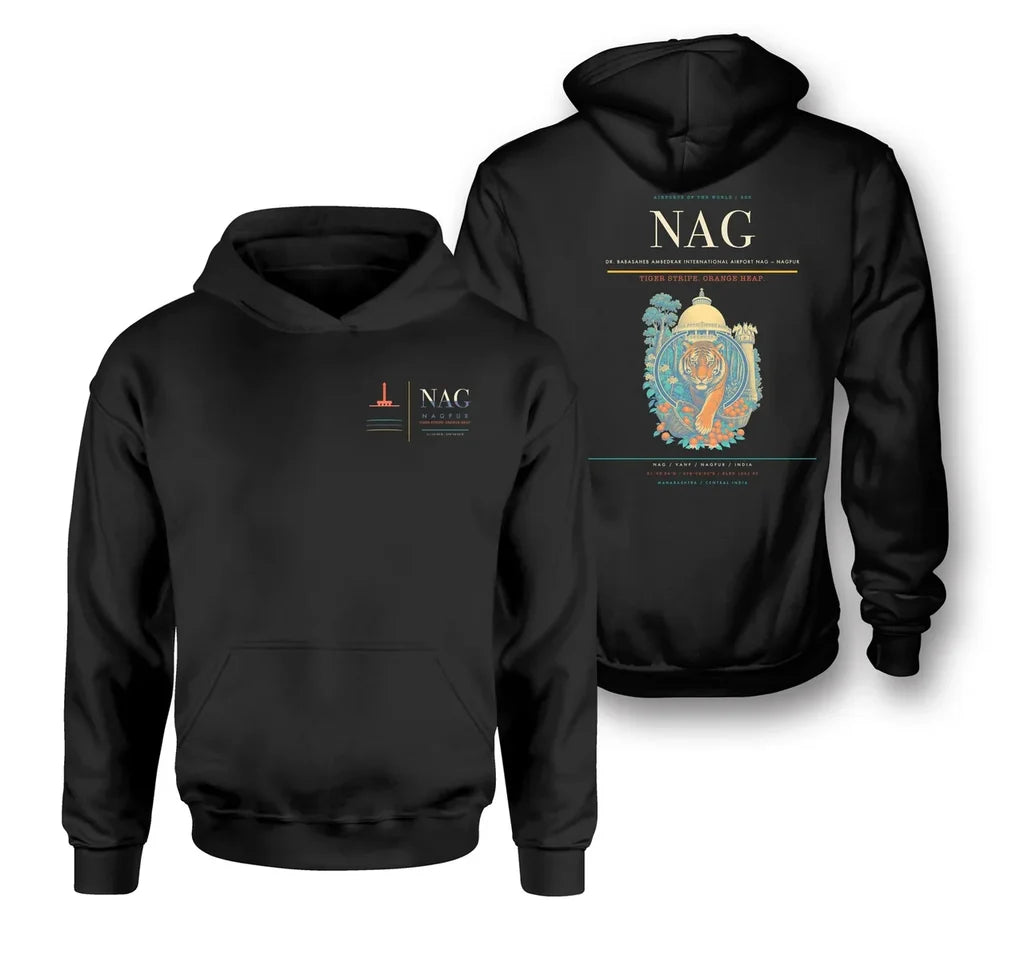 Dr. Babasaheb Ambedkar International Airport (NAG) design on black double-side hoodie