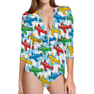 Funny Airplanes aviation design on stretch swim fabric deep-V swim bodysuit.