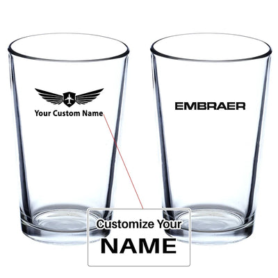 Embraer & Text Beer & aviation design on beer water glass, versatile drinkware.