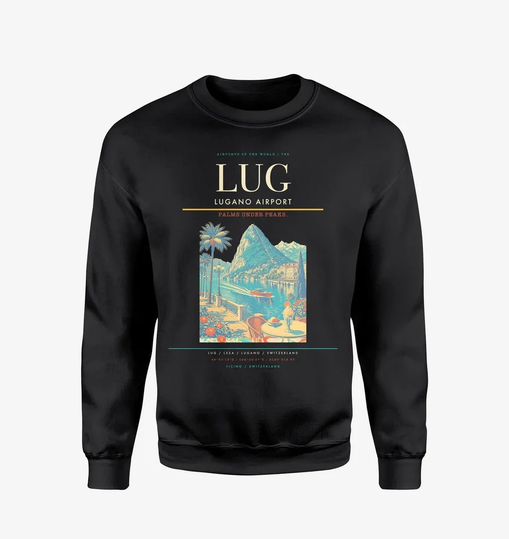 Lugano Airport (LUG) design on black sweatshirt