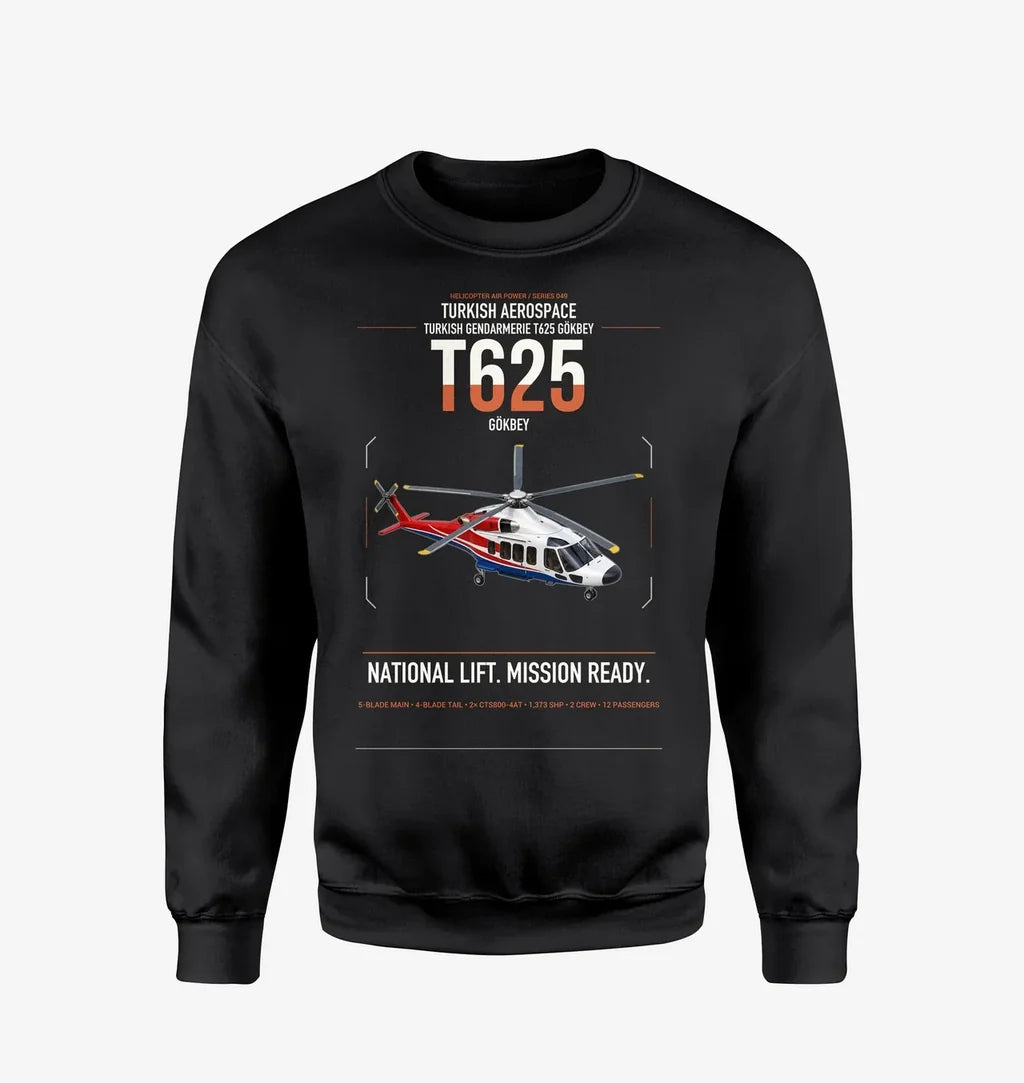 Turkish Aerospace T625 Gökbey design on black sweatshirt