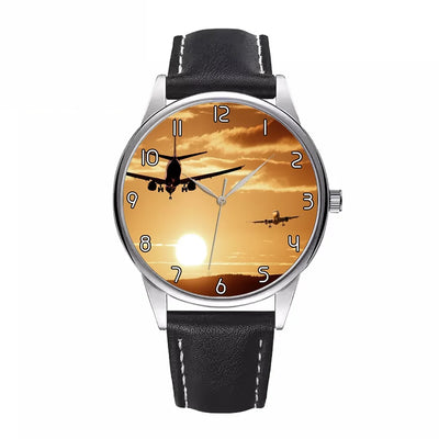 Two Aeroplanes During Sunset aviation watch with leather strap, leather strap body with engraved detail.