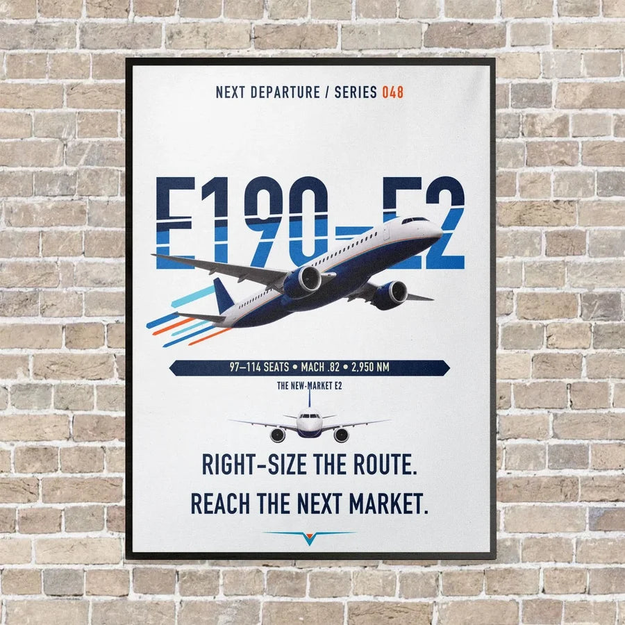 Embraer E190-E2 vertical canvas print - framed - white background