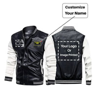 Thumbnail for Custom Name & TWO LOGOS aviation design printed on genuine leather with modern tailored fit stylish leather jacket.