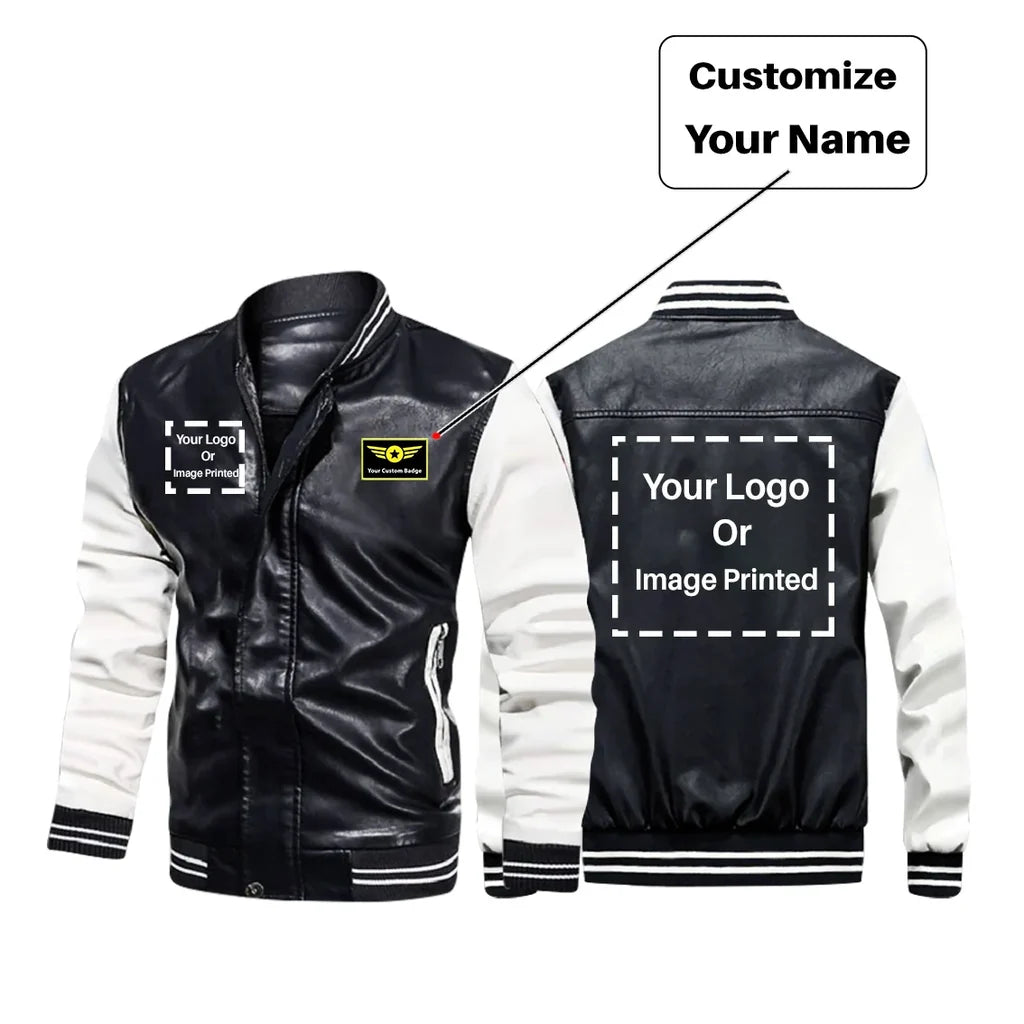 Custom Name & TWO LOGOS aviation design printed on genuine leather with modern tailored fit stylish leather jacket.