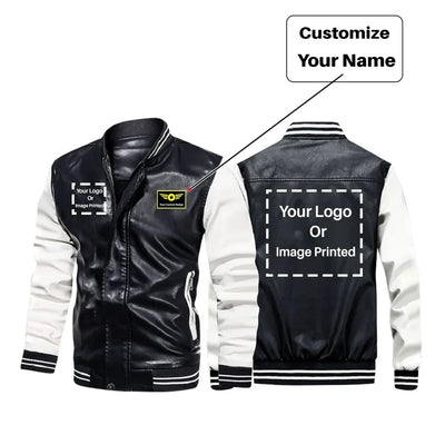 Custom Name & TWO LOGOS aviation design printed on genuine leather with modern tailored fit stylish leather jacket.