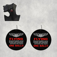 Thumbnail for Flying One Ball aviation-themed drop earrings, polished wood with metal hooks.