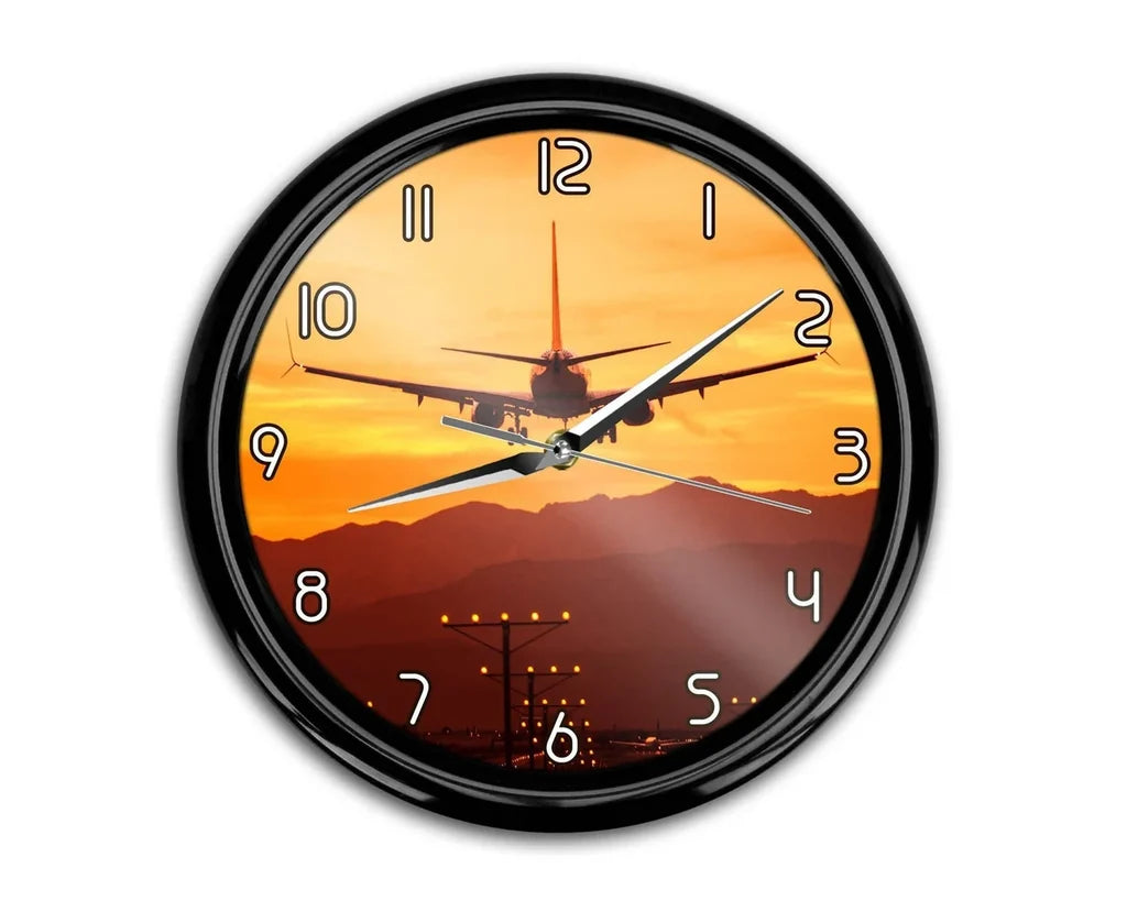 Landing Aircraft During Sunset aviation themed wall clock, premium wood and metal.