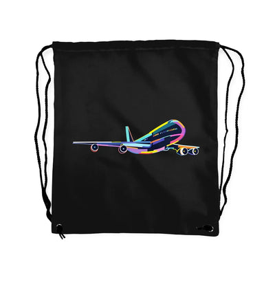 Multicolor Airplane aviation design drawstring bag, lightweight polyester construction.