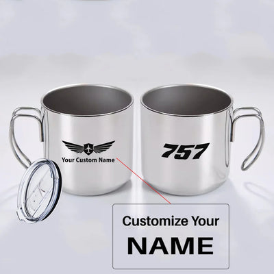 Boeing 757 Flat Text aviation design on portable mug, vacuum-insulated double-wall.