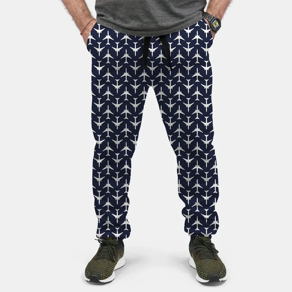 Perfectly Sized Seamless Airplanes Dark Blue aviation design on soft cotton blend 3D-printed sweatpants.
