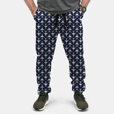 Perfectly Sized Seamless Airplanes Dark Blue aviation design on soft cotton blend 3D-printed sweatpants.