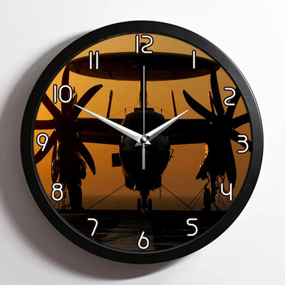 Military Plane at Sunset aviation design on premium wood and metal wall clock.