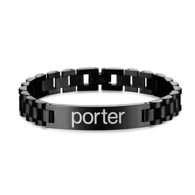 Side view of Porter Airlines aviation chain bracelet in stainless steel, polished finish.