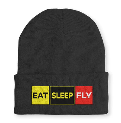 Eat Sleep Fly (Colourful) Embroidered aviation embroidery on soft knit fabric beanie.
