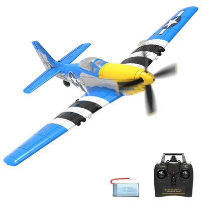 Side view of P51D Mustang 400mm EPP RC Plane (2.4Ghz 4CH, Xpilot, 1-Key Aerobatic) 761-5 Blue aviation RC model in durable AB.