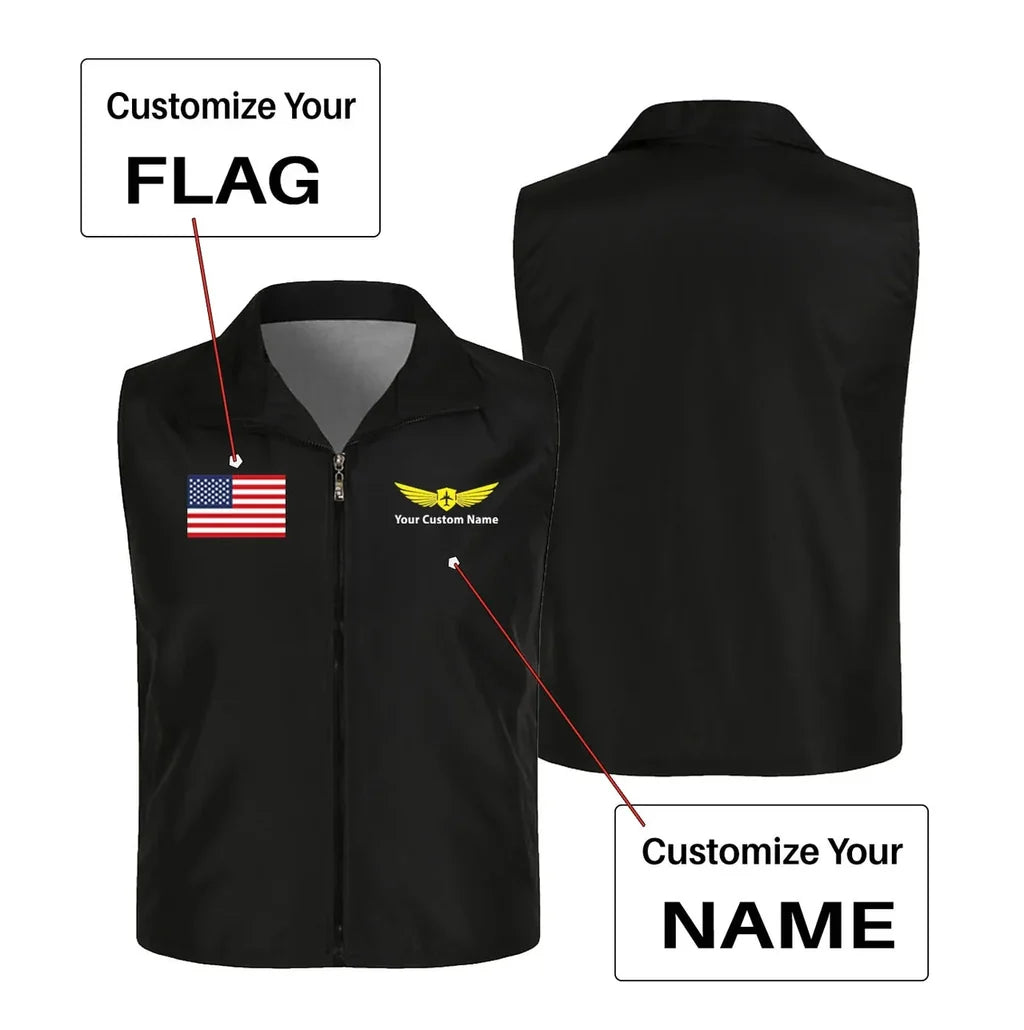 Custom Flag & Name with "Badge 2" Thin Style aviation design printed on lightweight shell with sleeveless design thin vest.