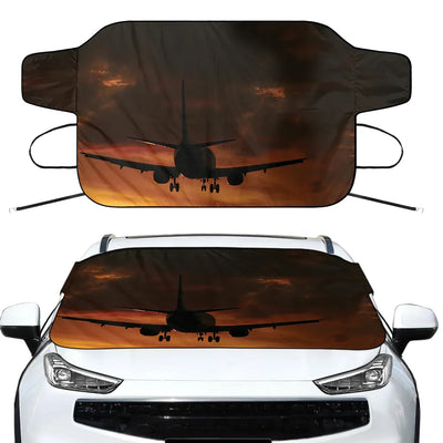 Beautiful Aircraft Landing at Sunset Car aviation design on car windshield cover.
